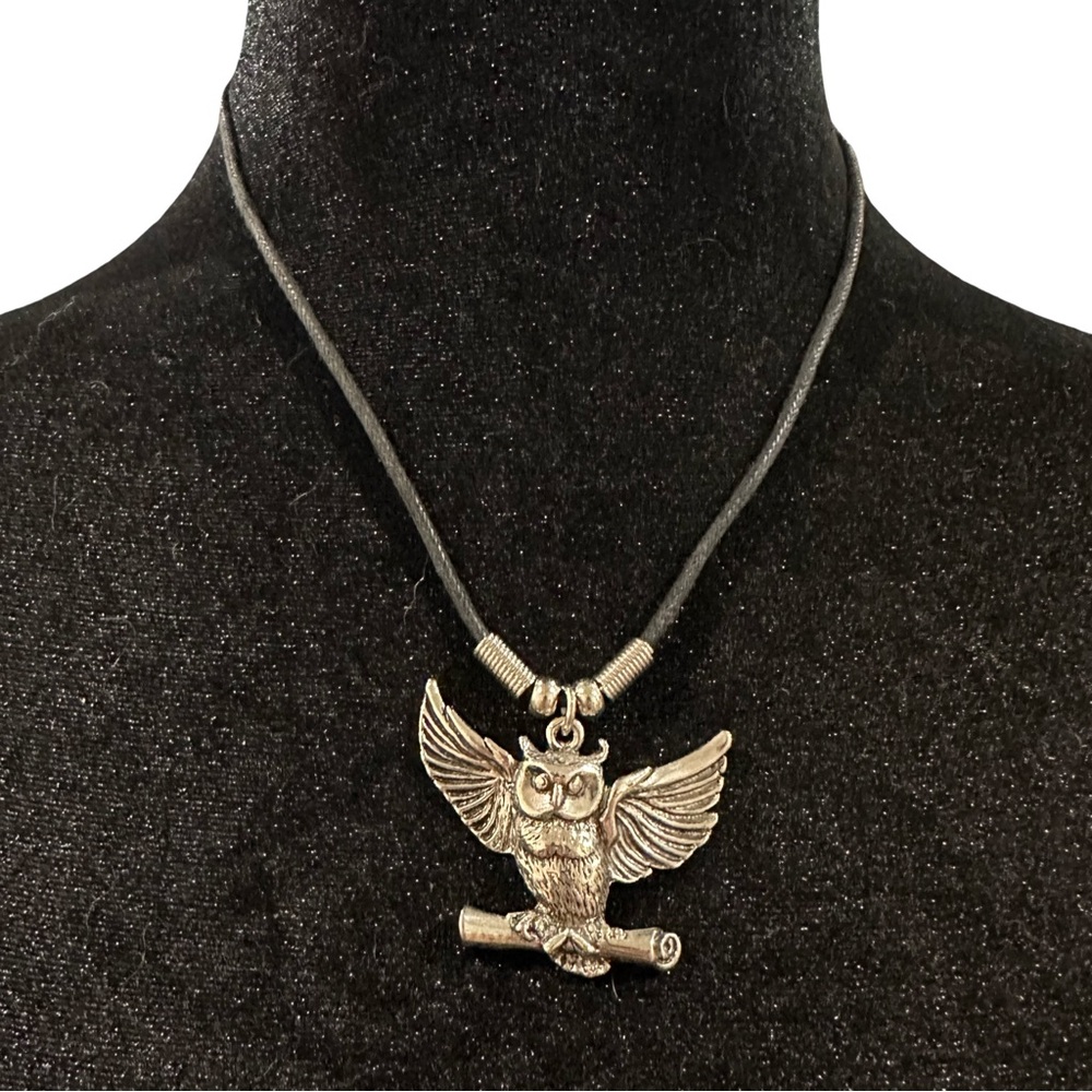 Owl Pendant Necklace Silver Tone Black 24 Inch Length